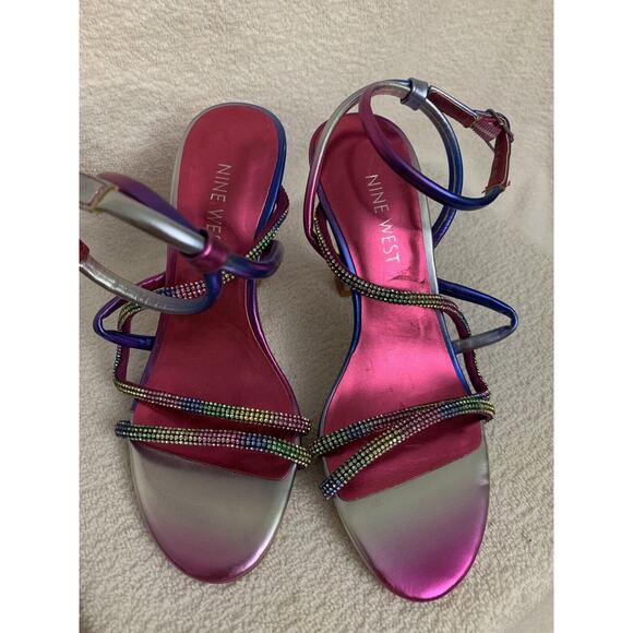 Nine West Blitz Glitter Sandals Strappy Heels Ankle Strap Womens 5 Multicolor - Picture 3 of 7